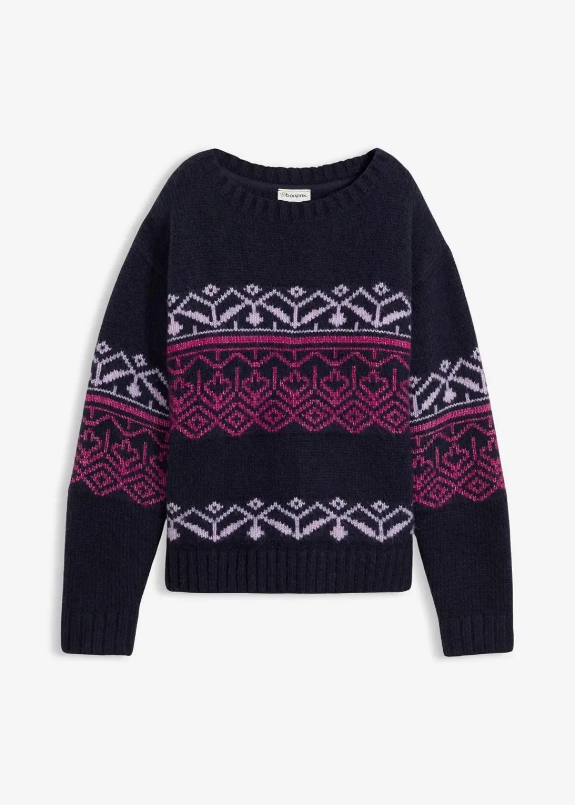 bonprix Bekleidung·Umstandsmode|Pullover & Strickjacken^Norweger-Pullover dunkelblau bedruckt