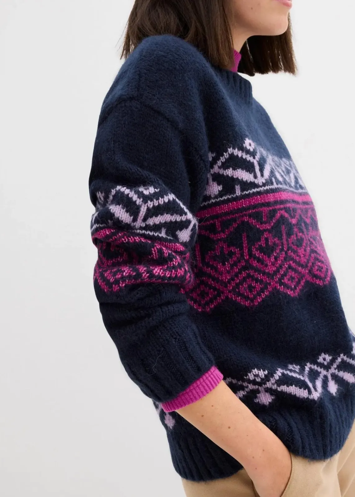 bonprix Bekleidung·Umstandsmode|Pullover & Strickjacken^Norweger-Pullover dunkelblau bedruckt