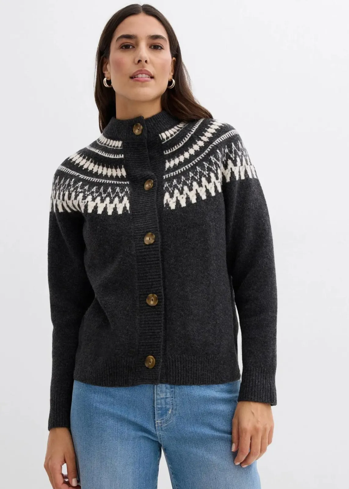 bonprix Pullover & Strickjacken|Nachhaltigere Materialien^Norweger-Strickjacke anthrazit norwegermuster