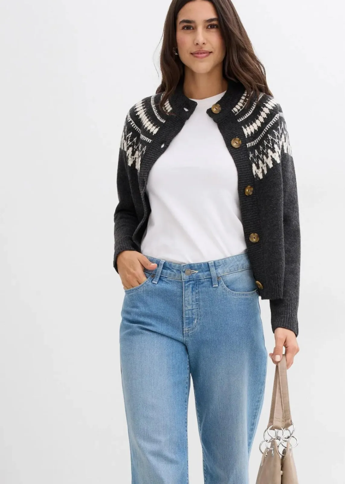 bonprix Pullover & Strickjacken|Nachhaltigere Materialien^Norweger-Strickjacke anthrazit norwegermuster