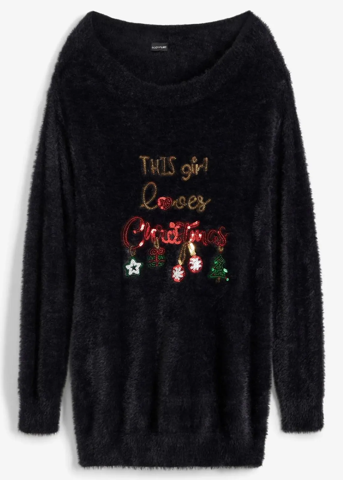 bonprix Bekleidung·Jeans|Pullover & Strickjacken^Off-Shoulder-Pullover mit Weihnachtsmotiv schwarz
