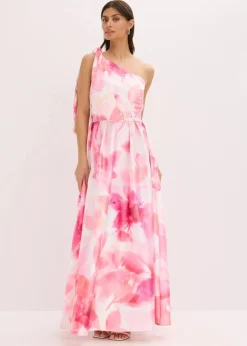 bonprix Bekleidung·Pullover & Strickjacken|Festliche Mode^One-Shoulder-Kleid aus glänzendem Satin weiß/pink geblümt