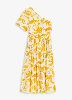 bonprix Bekleidung·Pullover & Strickjacken|Kleider^One-Shoulder-Kleid aus strukturierter Viskose weiß/lemoncurry floral