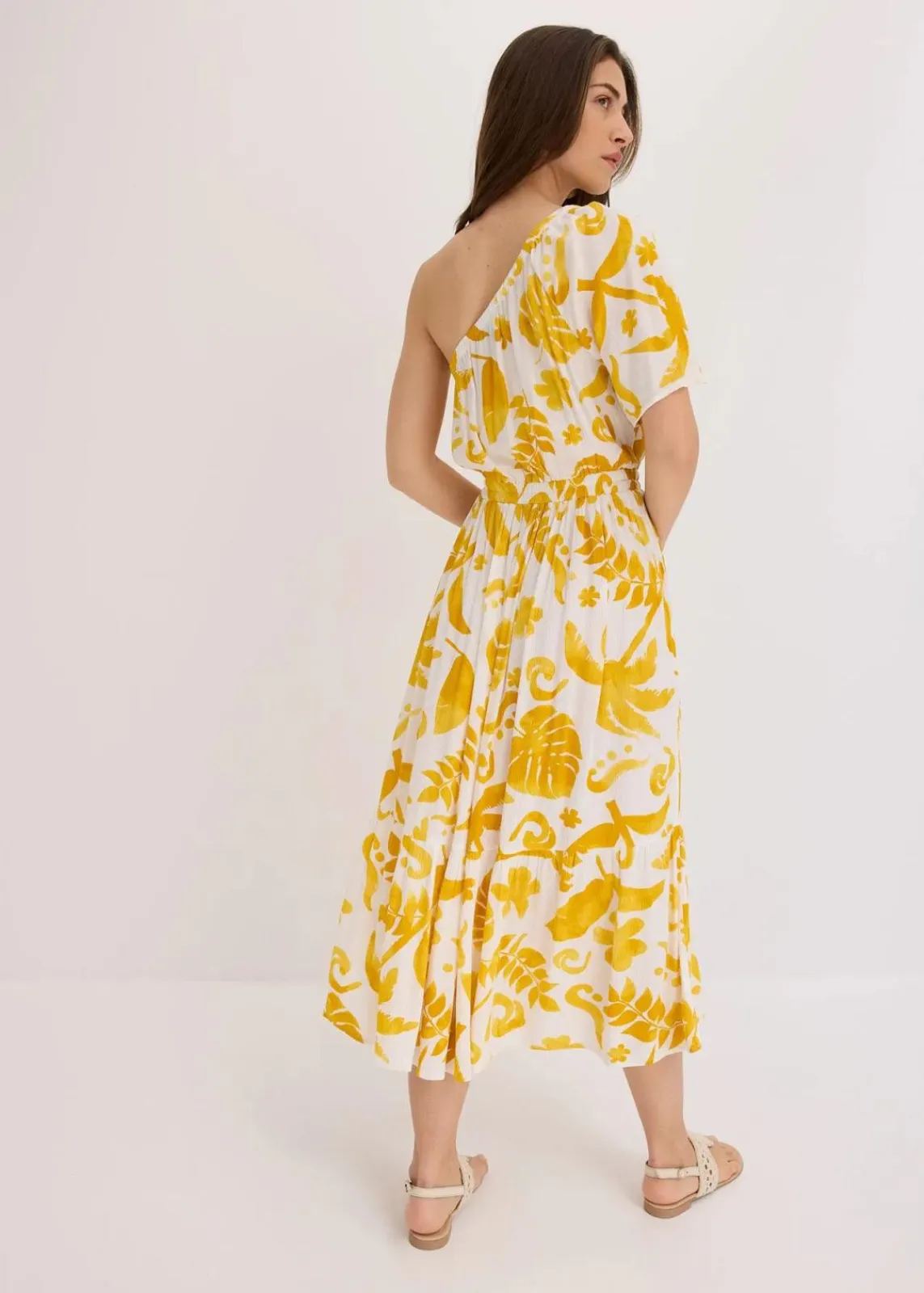 bonprix Bekleidung·Pullover & Strickjacken|Kleider^One-Shoulder-Kleid aus strukturierter Viskose weiß/lemoncurry floral