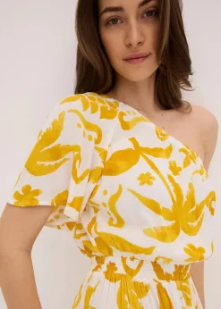 bonprix Bekleidung·Pullover & Strickjacken|Kleider^One-Shoulder-Kleid aus strukturierter Viskose weiß/lemoncurry floral