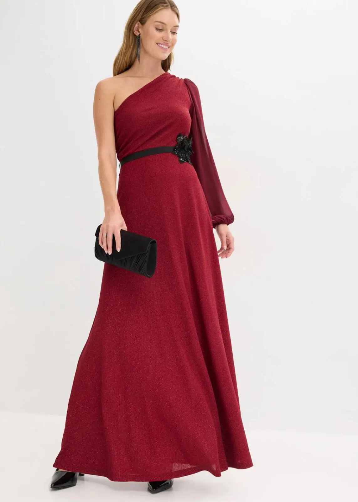 bonprix Bekleidung·Pullover & Strickjacken|Festliche Mode^One-Shoulder-Kleid mit Glitzer weinrot