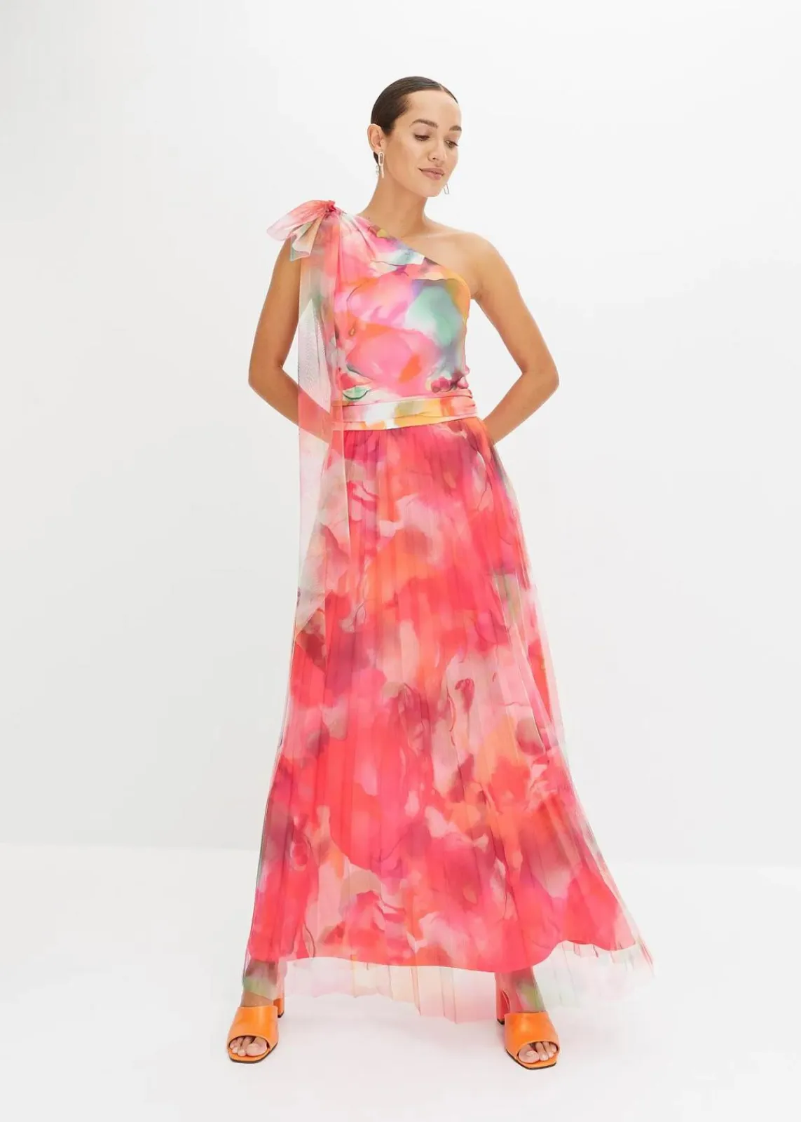 bonprix Kurzgrößen|Kurzgrößen^One-Shoulder-Kleid mit plissiertem Tüllrock pink/grün bedruckt