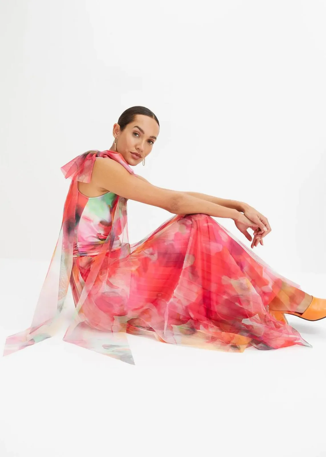 bonprix Kurzgrößen|Kurzgrößen^One-Shoulder-Kleid mit plissiertem Tüllrock pink/grün bedruckt
