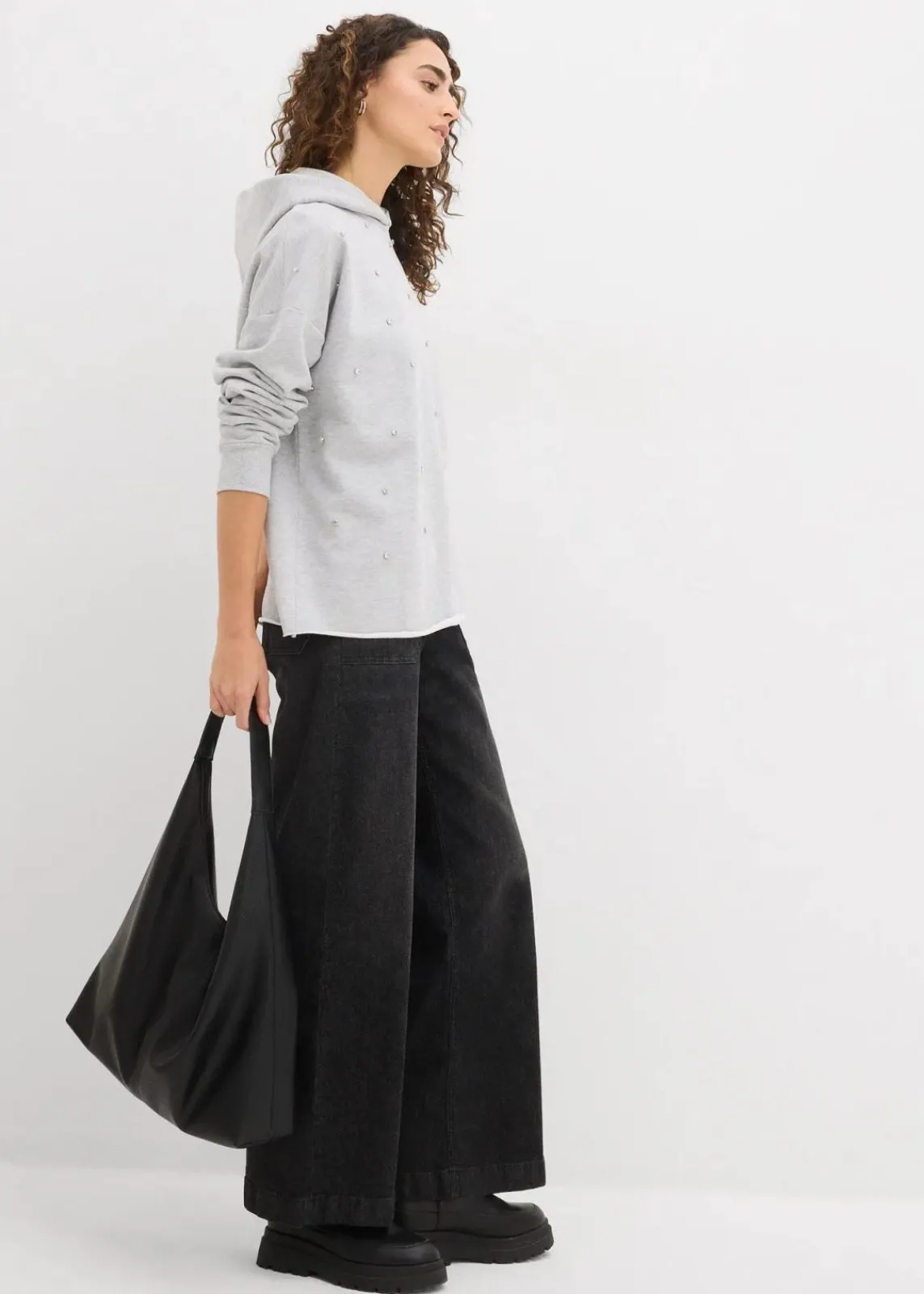 bonprix Bekleidung·Blusen & Tuniken|Sweat^Oversize Hoodie mit Ziersteinen hellgrau meliert