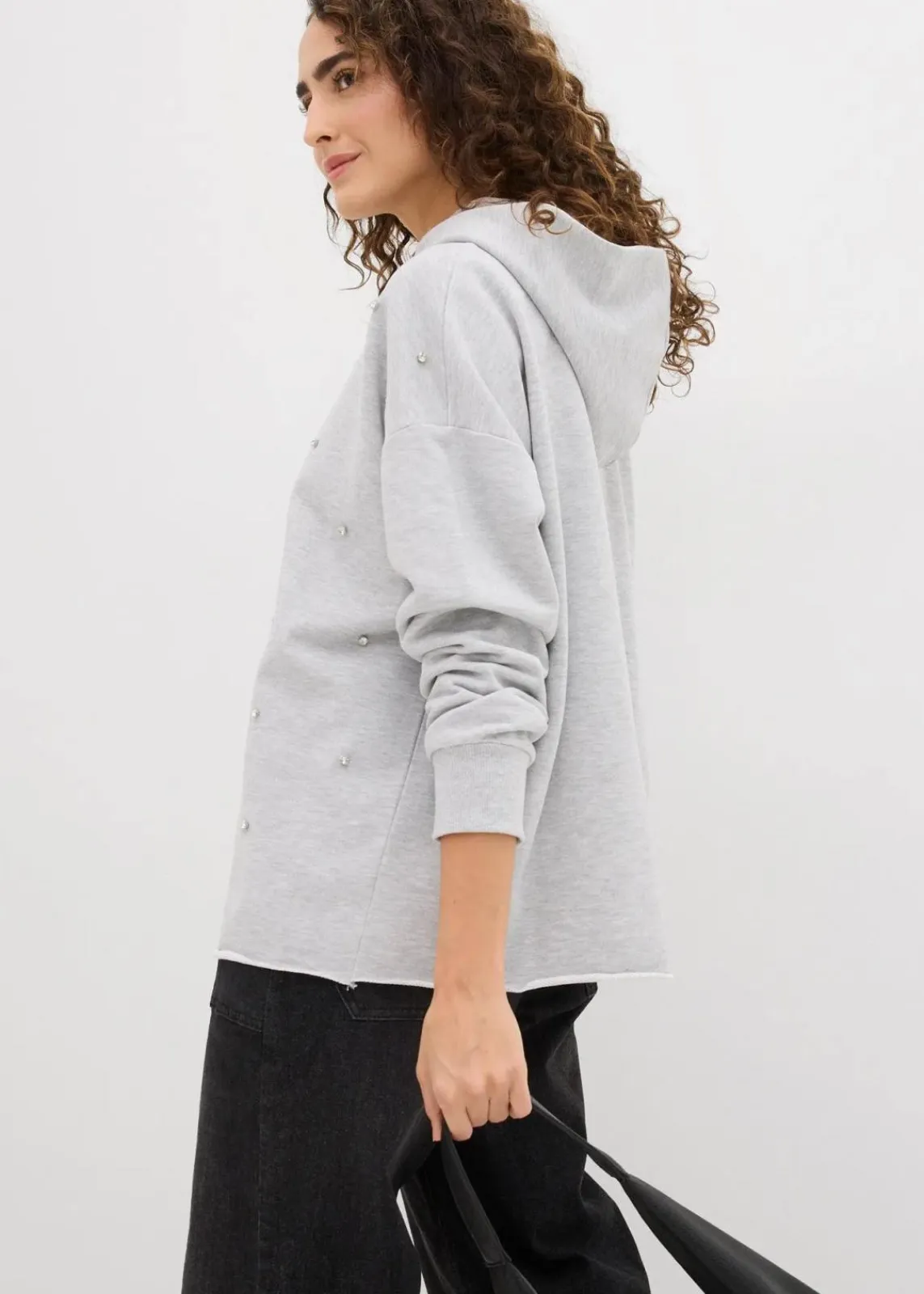 bonprix Bekleidung·Blusen & Tuniken|Sweat^Oversize Hoodie mit Ziersteinen hellgrau meliert