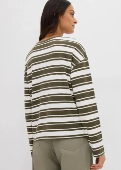 bonprix Shirts & Tops^Oversize Langarmshirt aus reiner Baumwolle dunkeloliv/wollweiß gestreift