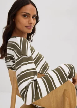bonprix Shirts & Tops^Oversize Langarmshirt aus reiner Baumwolle dunkeloliv/wollweiß gestreift