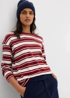 bonprix Shirts & Tops^Oversize Langarmshirt aus reiner Baumwolle wollweiß/kastanienrot gestreift