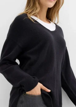 bonprix Pullover & Strickjacken|Strickmode^Oversize Longpullover mit Seitenschlitzen schwarz