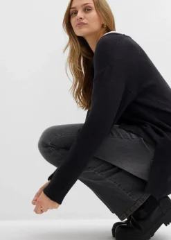 bonprix Pullover & Strickjacken|Strickmode^Oversize Longpullover mit Seitenschlitzen schwarz