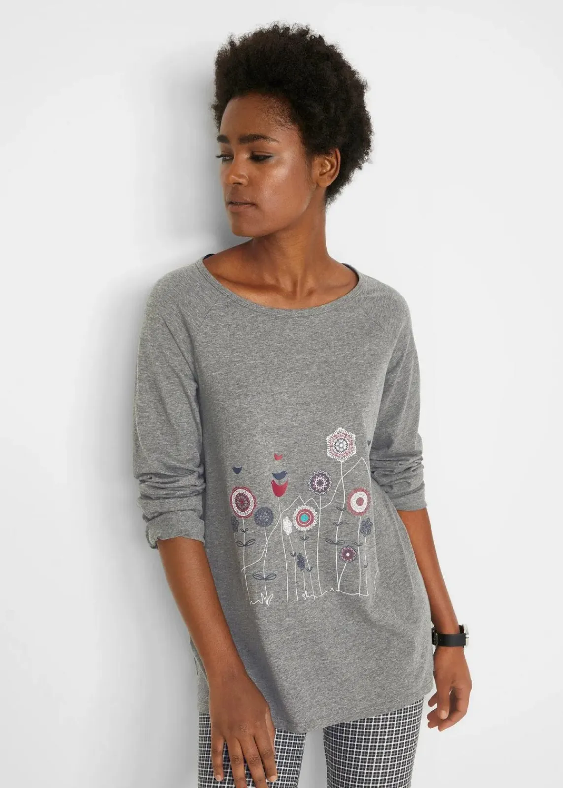 bonprix Shirts & Tops^Oversize Longshirt mit Rundhalsausschnitt grau meliert floral