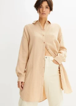 bonprix Bekleidung·Jacken & Mäntel|Blusen & Tuniken^Oversize Musselin-Longbluse latte macchiato