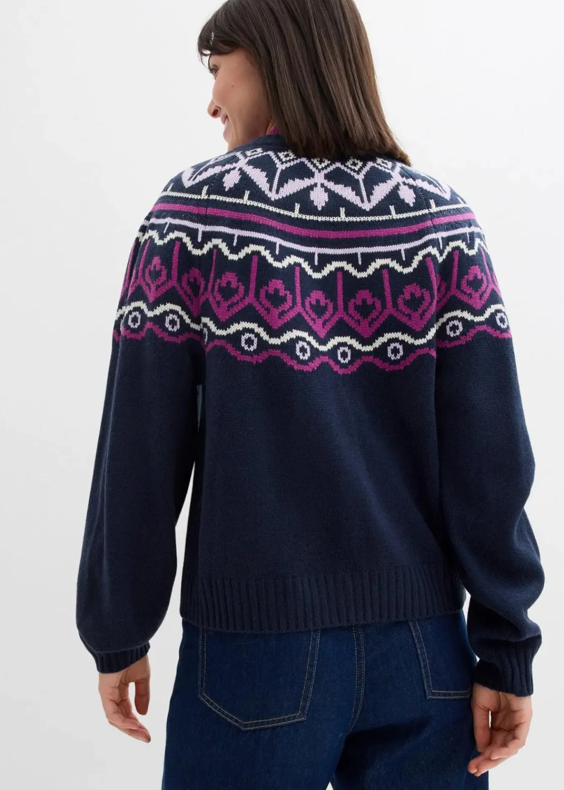 bonprix Bekleidung·Jeans|Pullover & Strickjacken^Oversize Norweger-Strickjacke dunkelblau norwegermuster
