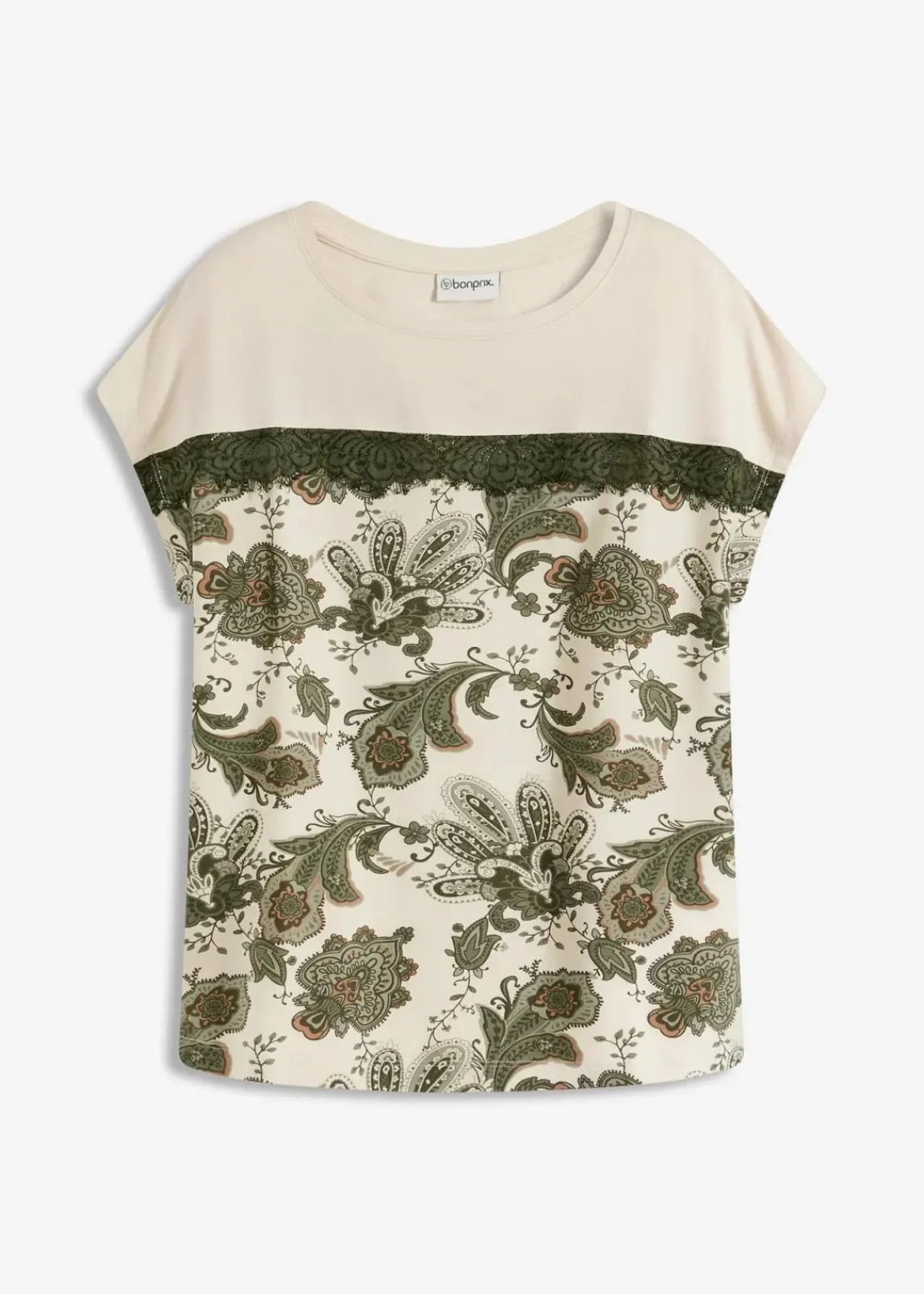 bonprix Shirts & Tops^Oversize Shirt mit Spitzenband natur/oliv paisley