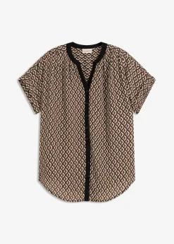 bonprix Bekleidung·Jacken & Mäntel|Blusen & Tuniken^Oversize-Bluse mokkabraun/schwarz graphisch bedruckt