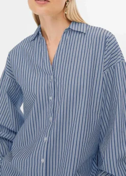 bonprix Blusen & Tuniken|Bekleidung·Jacken & Mäntel^Oversize-Bluse aus reiner Baumwolle rauchblau/weiß längs gestreift