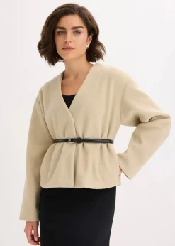 bonprix Blazer|Bekleidung·Basics^Oversized Blazer mit Gürtel in Wolloptik, ungefüttert mattschilf