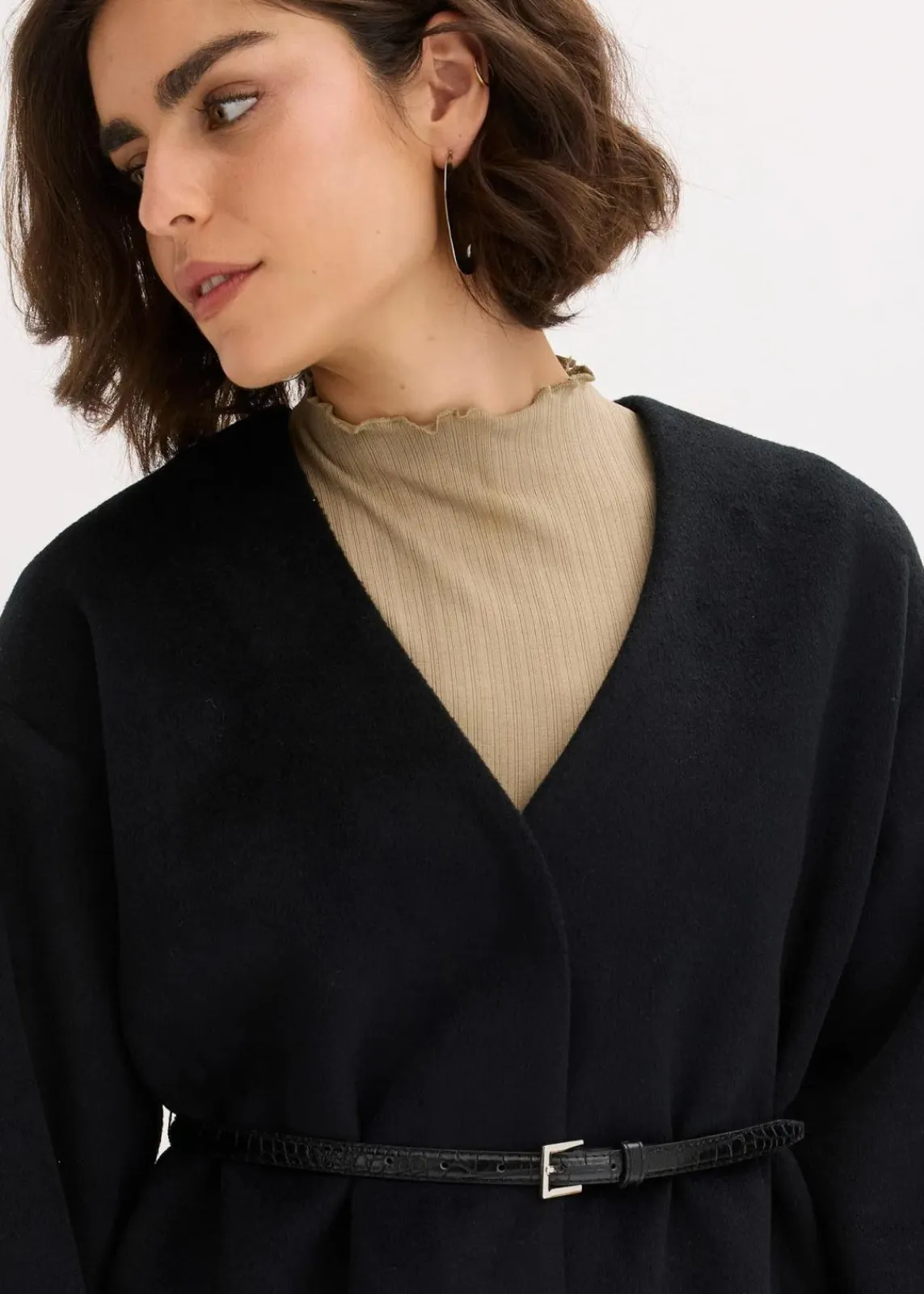 bonprix Bekleidung·Basics|Blazer^Oversized Blazer mit Gürtel in Wolloptik, ungefüttert schwarz