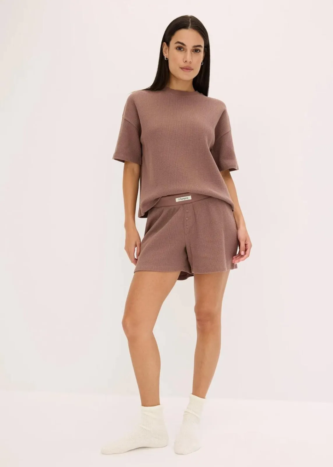 bonprix Wäsche·Homewear|Wäsche·Nachtwäsche^Oversized Loungewear Shorty Hausanzug aus Waffeljersey matt braun