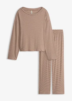bonprix Wäsche·Nachtwäsche|Nachtwäsche^Oversized Pyjama aus weicher Baumwolle maronenbraun/sandbeige gestreift