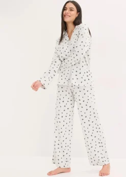 bonprix Wäsche·Nachtwäsche|Nachtwäsche^Oversized Pyjama mit Knopfleiste naturmeliert/schwarz bedruckt