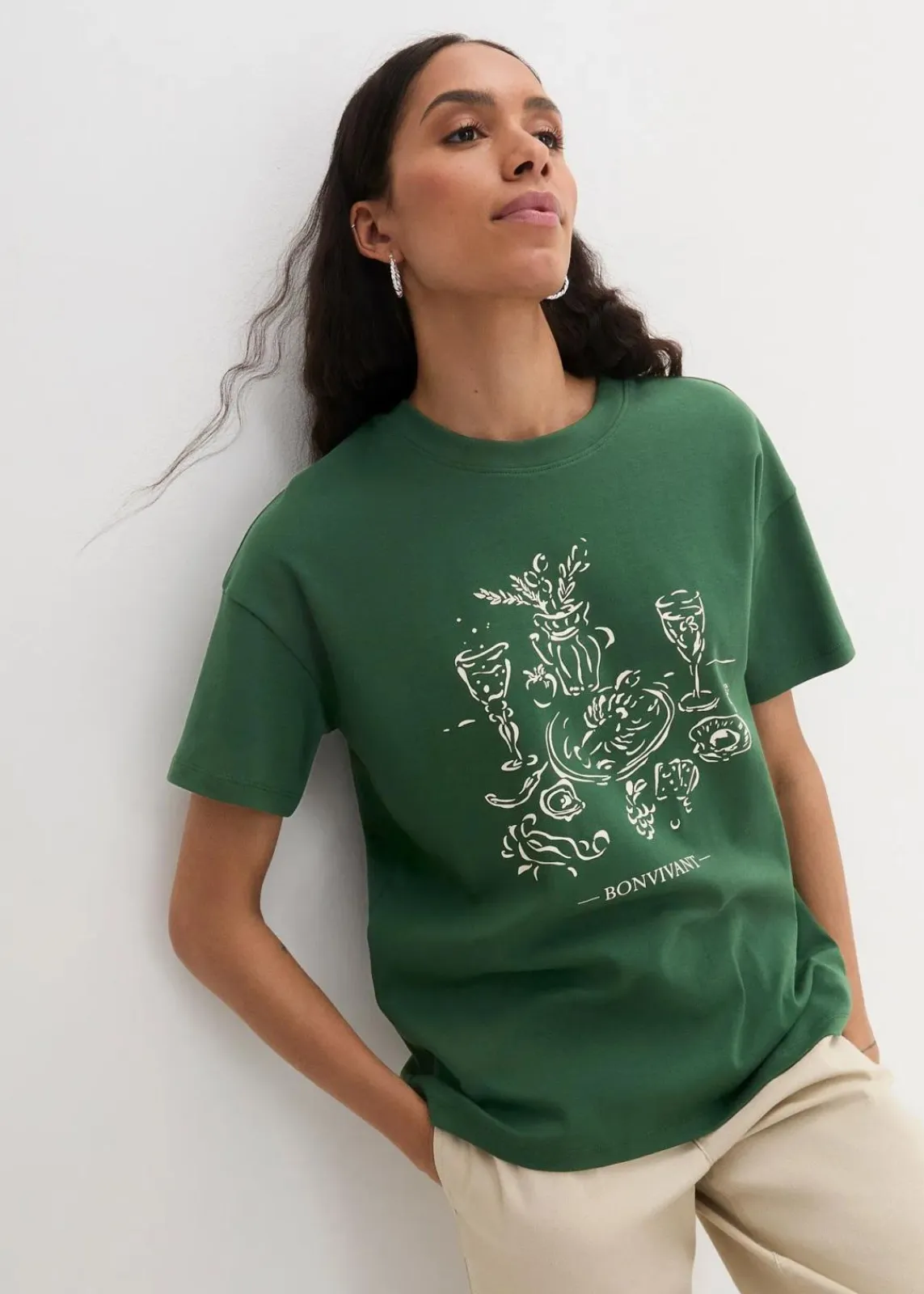 bonprix Shirts & Tops|Nachhaltigere Materialien^Oversized T-Shirt aus Bio-Baumwolle fichtengrün/natur bedruckt