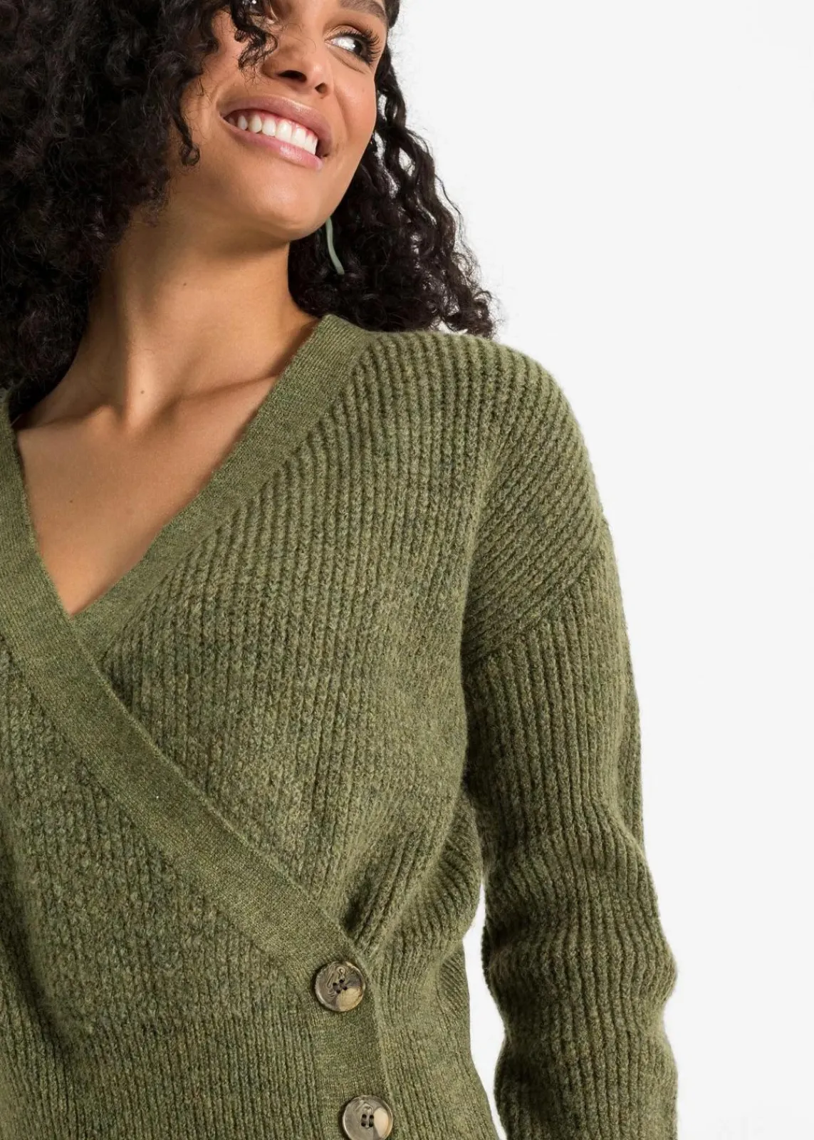 bonprix Bekleidung·Umstandsmode|Bekleidung·Jeans^Oversized-Pullover in Wickeloptik oliv meliert
