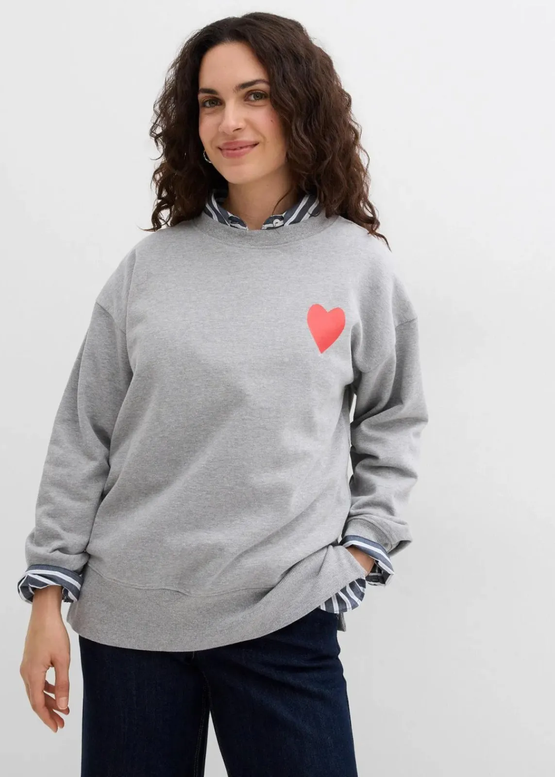 bonprix Bekleidung·Blusen & Tuniken|Sweat^Oversized-Sweatshirt aus Bio-Baumwolle hellgrau meliert/erdbeere