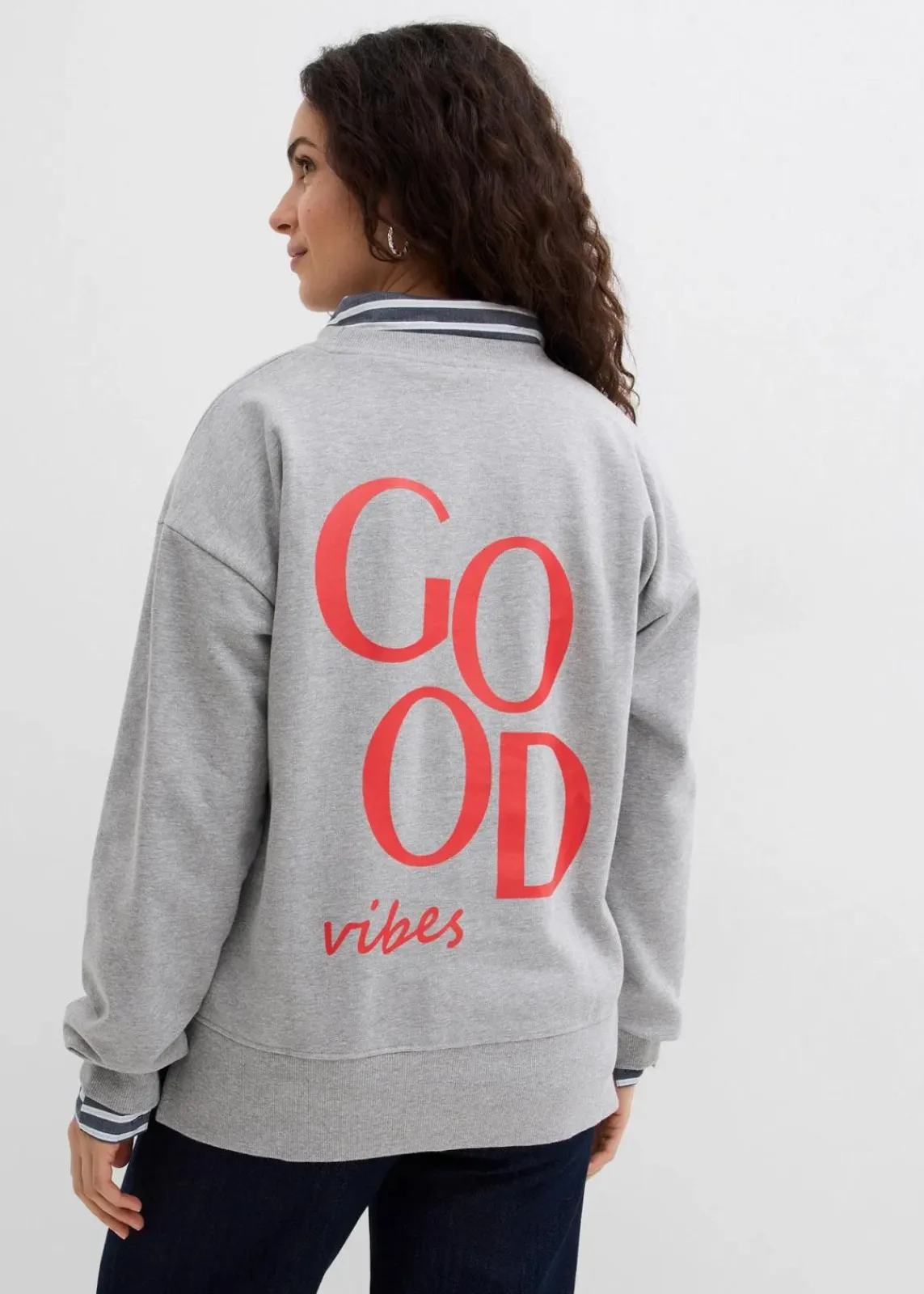 bonprix Bekleidung·Blusen & Tuniken|Sweat^Oversized-Sweatshirt aus Bio-Baumwolle hellgrau meliert/erdbeere