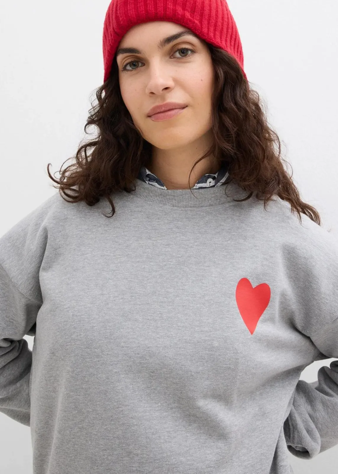 bonprix Bekleidung·Blusen & Tuniken|Sweat^Oversized-Sweatshirt aus Bio-Baumwolle hellgrau meliert/erdbeere