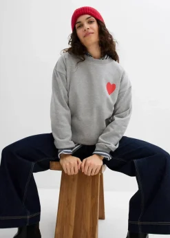 bonprix Bekleidung·Blusen & Tuniken|Sweat^Oversized-Sweatshirt aus Bio-Baumwolle hellgrau meliert/erdbeere