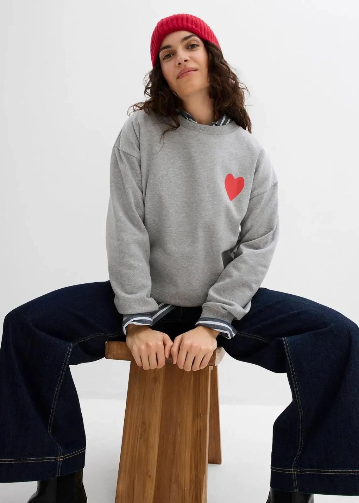 bonprix Bekleidung·Blusen & Tuniken|Sweat^Oversized-Sweatshirt aus Bio-Baumwolle hellgrau meliert/erdbeere