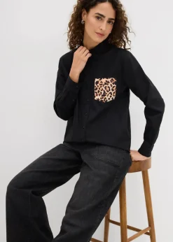 bonprix Blusen & Tuniken|Bekleidung·Jacken & Mäntel^Oversize-Hemd mit Kontrast Tasche schwarz leo bedruckt
