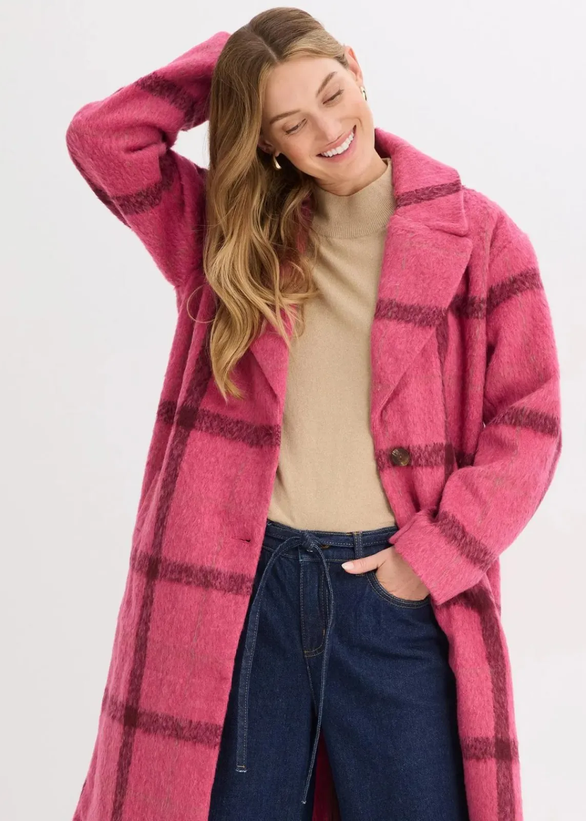 bonprix Bekleidung·Hosen|Jacken & Mäntel^Oversize-Mantel in Wolloptik pink/bordeaux kariert