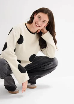 bonprix Bekleidung·Umstandsmode|Strickmode^Oversize-Pullover natur mit schwarzen punkten
