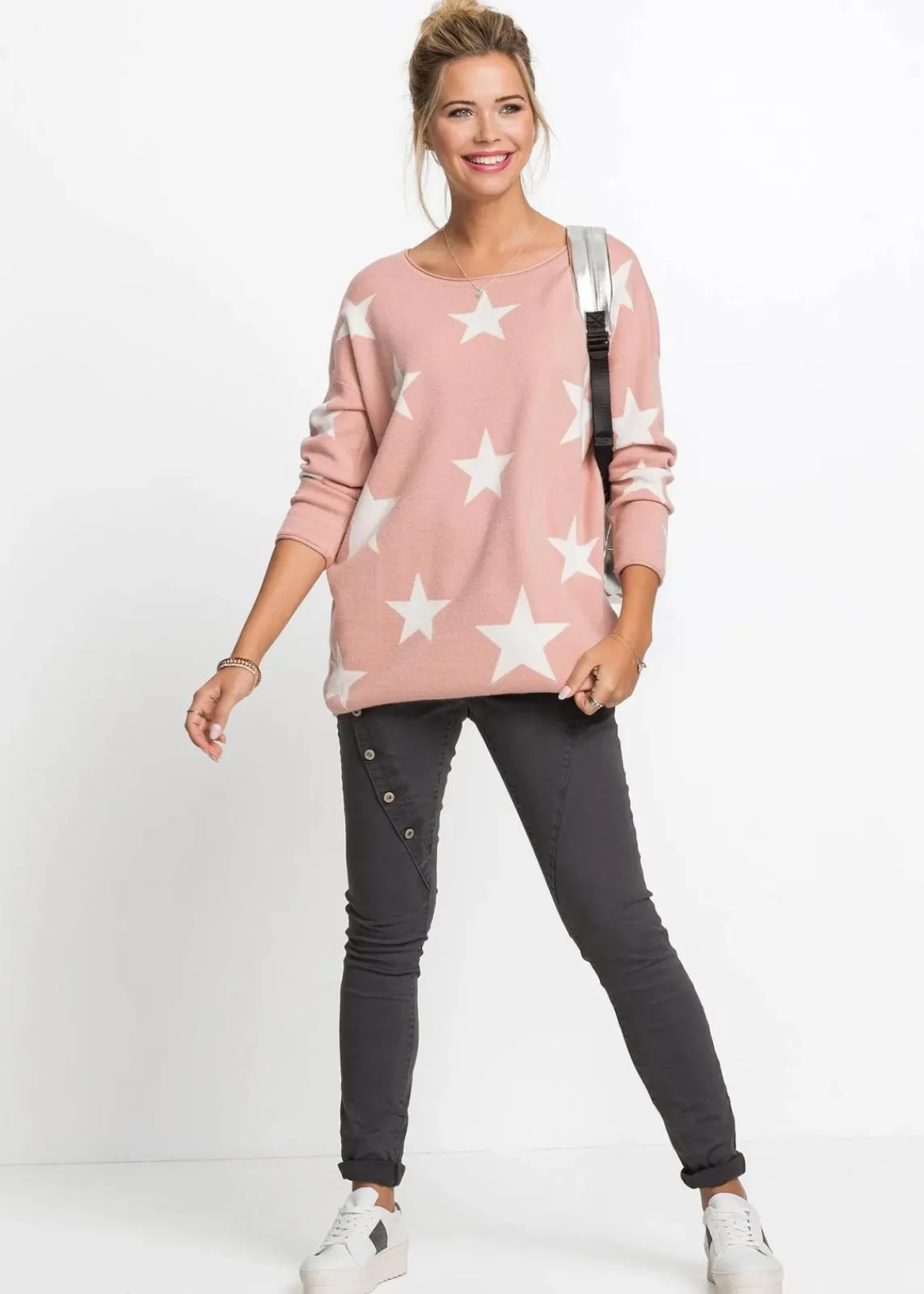 bonprix Bekleidung·Umstandsmode|Bekleidung·Jeans^Oversize-Pullover vintagerosa/weiß bedruckt