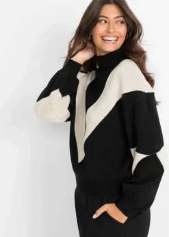 bonprix Bekleidung·Umstandsmode|Pullover & Strickjacken^Oversize-Pullover schwarz/kieselbeige graphisch