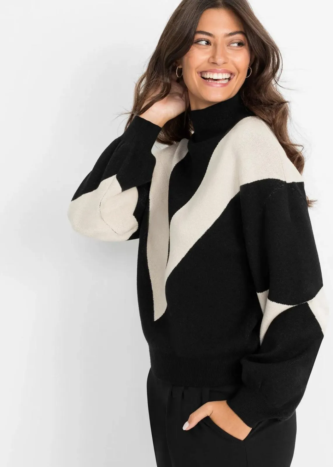 bonprix Bekleidung·Umstandsmode|Pullover & Strickjacken^Oversize-Pullover schwarz/kieselbeige graphisch