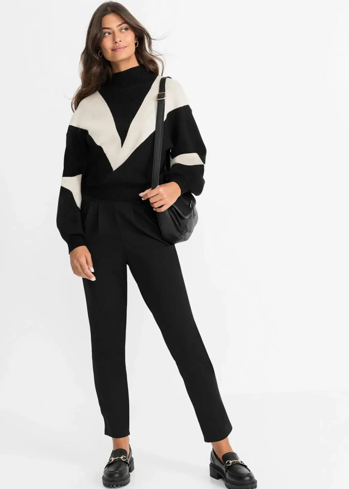bonprix Bekleidung·Umstandsmode|Pullover & Strickjacken^Oversize-Pullover schwarz/kieselbeige graphisch