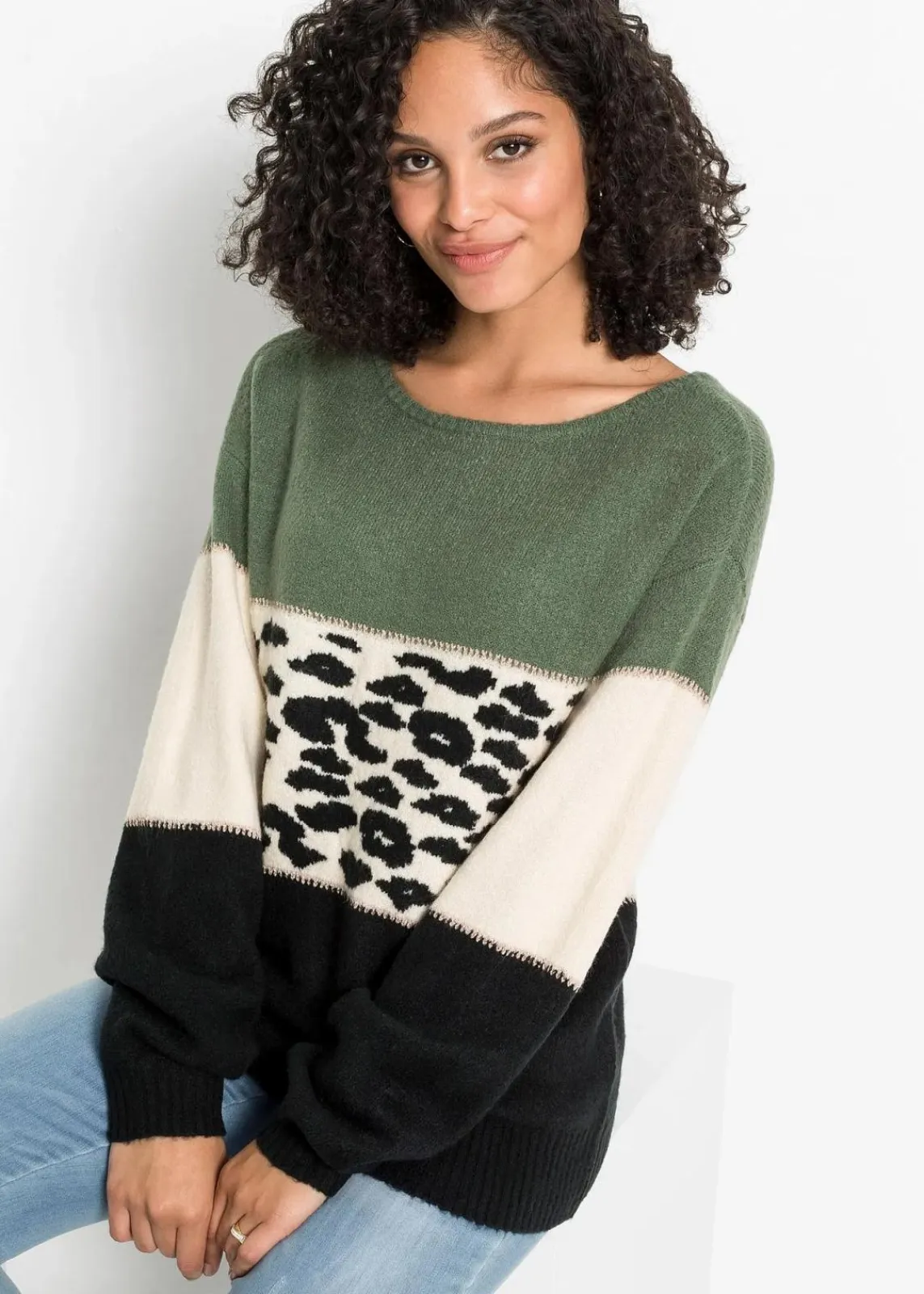 bonprix Bekleidung·Umstandsmode|Strickmode^Oversize-Pullover schwarz/hellgrün/creme leo