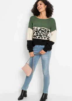 bonprix Bekleidung·Umstandsmode|Strickmode^Oversize-Pullover schwarz/hellgrün/creme leo