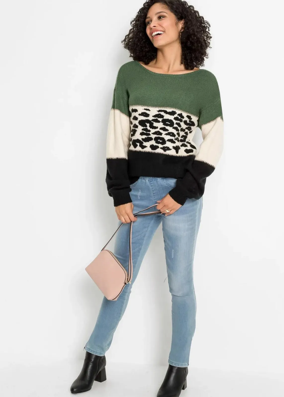 bonprix Bekleidung·Umstandsmode|Strickmode^Oversize-Pullover schwarz/hellgrün/creme leo