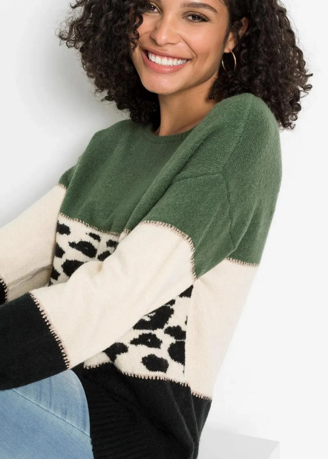 bonprix Bekleidung·Umstandsmode|Strickmode^Oversize-Pullover schwarz/hellgrün/creme leo