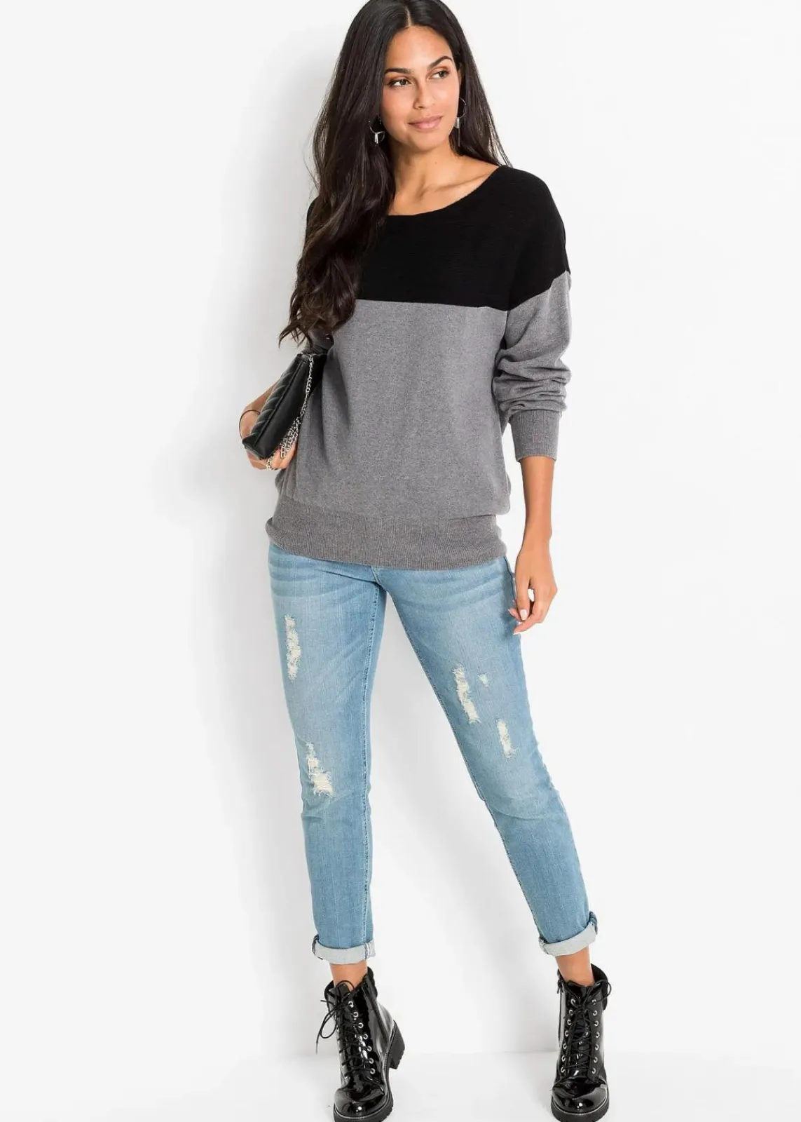bonprix Bekleidung·Umstandsmode|Bekleidung·Jeans^Oversize-Pullover schwarz/grau meliert