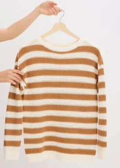 bonprix Bekleidung·Umstandsmode|Bekleidung·Jeans^Oversize-Pullover aus reiner Baumwolle haselnuss/wollweiß gestreift